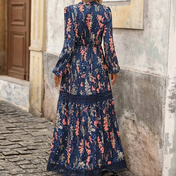 Multicolor Boho Women's Lace Splice Long Sleeve Cinched Waist maxi dress - Picture 2 of 7